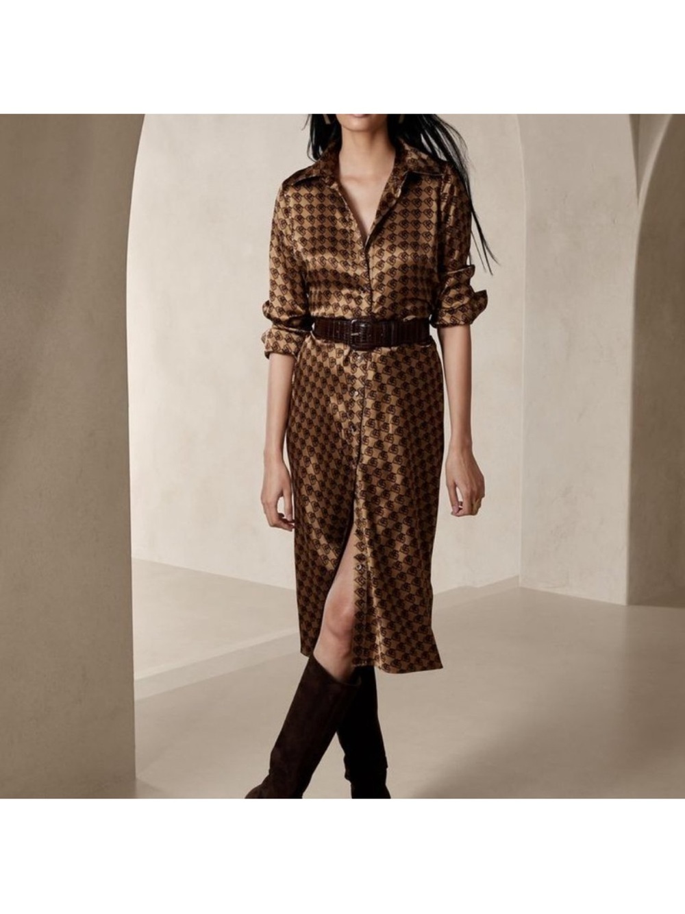 Banana Republic 100% Silk Enchant Monogram Print Shirt Dress Estimated Small